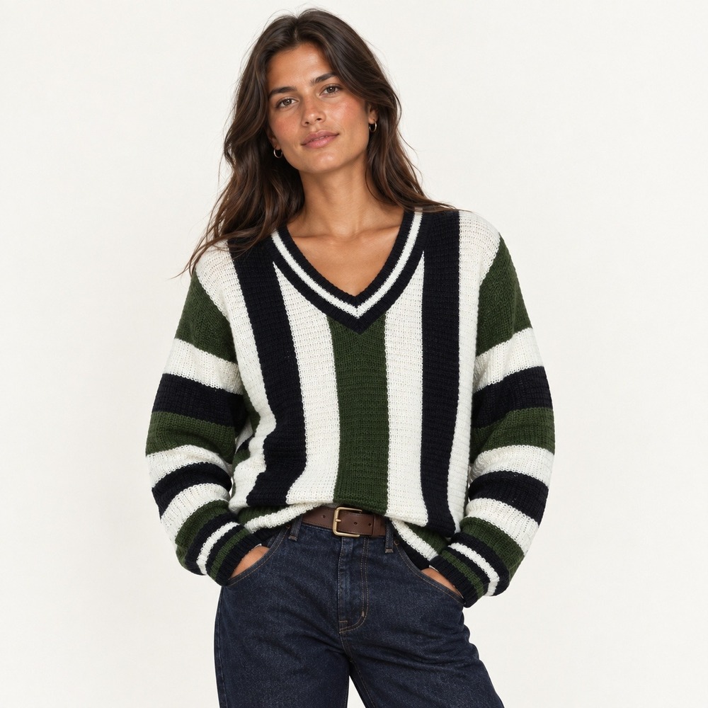 SHEIN Striped V-Neck Sweater Women L Green Navy White Knit Long Sleeve Top
